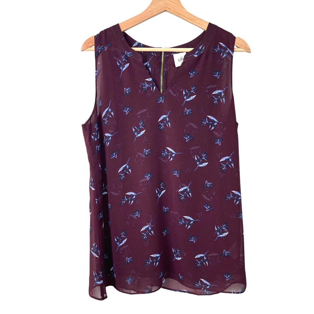 Cabi Burgundy with Blue Floral Sleeveless Chiffon Blouse‎ Top Women's Medium